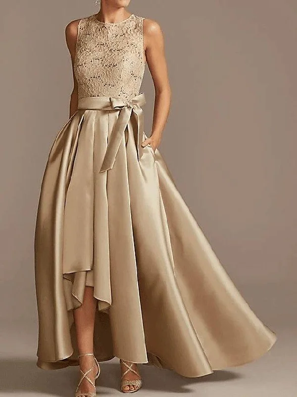 A-Line Mother of the Bride Dress Elegant Jewel Neck Asymmetrical Lace Satin Sleeveless