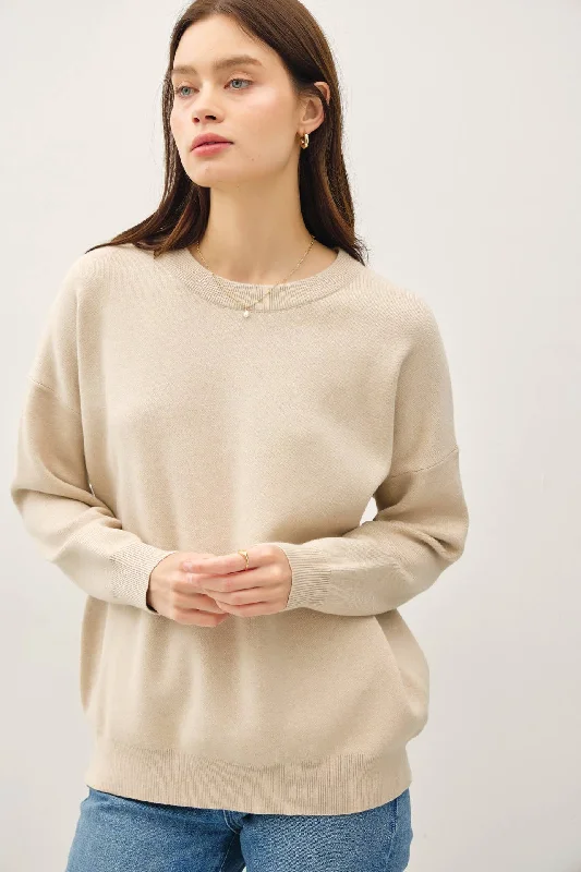 BASIC BLOUSON SLEEVE PULLOVER SWEATER | Cream Beige Elbow Length Sleeve