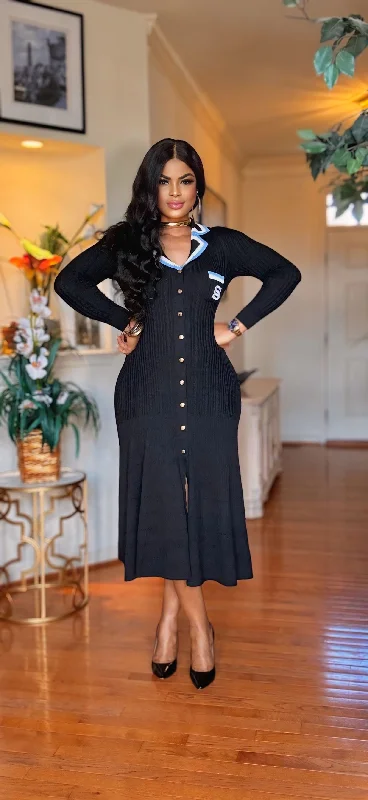 Long sleeve sweater knit dress(black) Herringbone Houndstooth Plaid