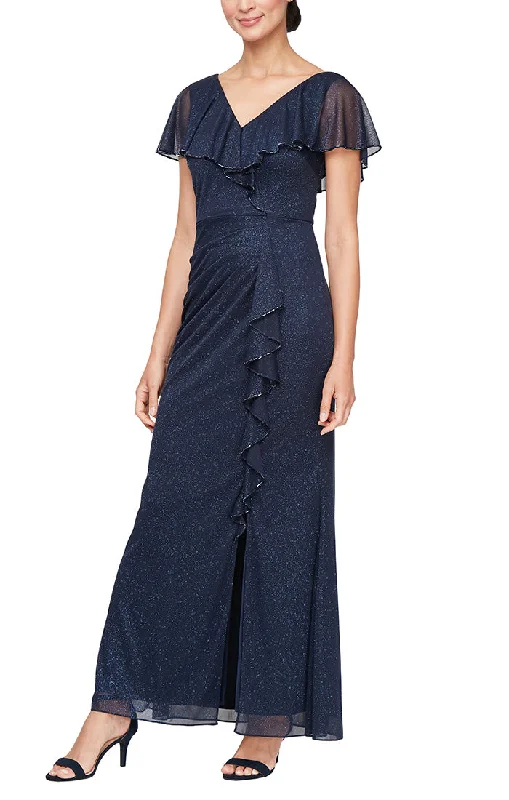 Long Capelet Dress with Cascade Detail Skirt and Bugle Bead Detail