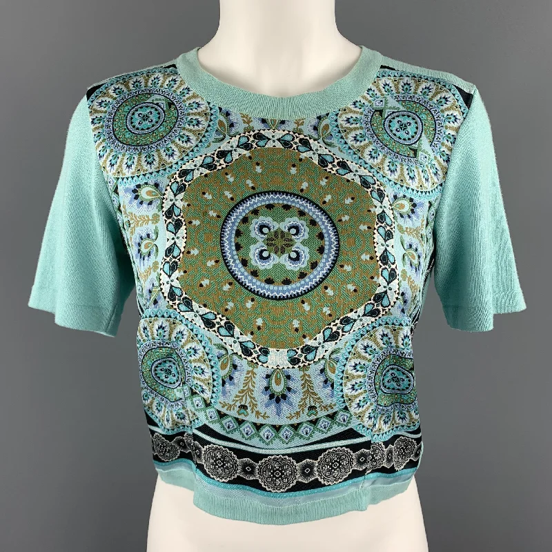 ETRO Size 6 Mint Blue Cotton Knit Silk Scarf Front Pullover One Shoulder Top