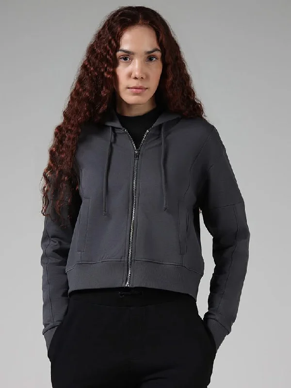 Studiofit Solid Charcoal Grey Cotton Crop Hoodie Jacket Hooded Jacket Caped Jacket Shawl Collar Jacket