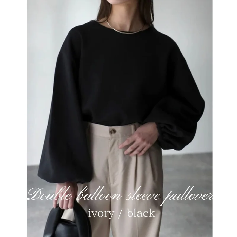 Corrugated Balloon Sleeve Pullover Crew Neck Wool