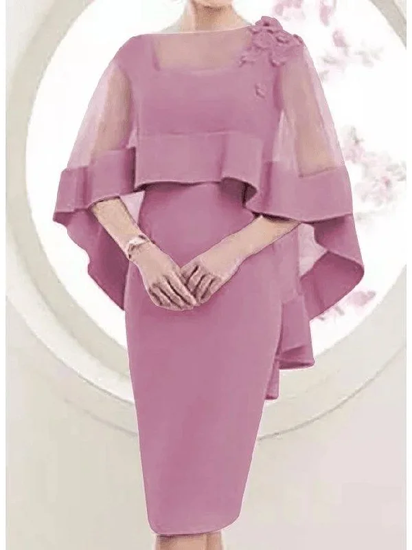 Mother of the Bride Dress Elegant Square Neck Knee Length Satin Tulle 3/4 Length Sleeve with Appliques