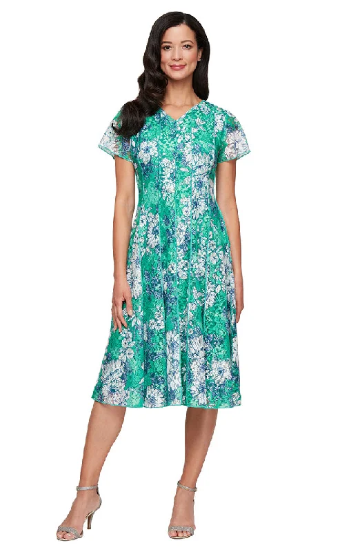 Short Printed Lace Dress with V-Neckline, Short Sleeves and Seaming Detail