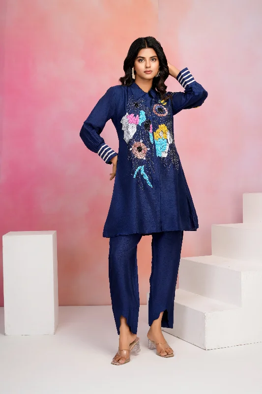Dark Blue Embroidered Tunic & Trouser Co-Ord Set Trousers Lace Delicate