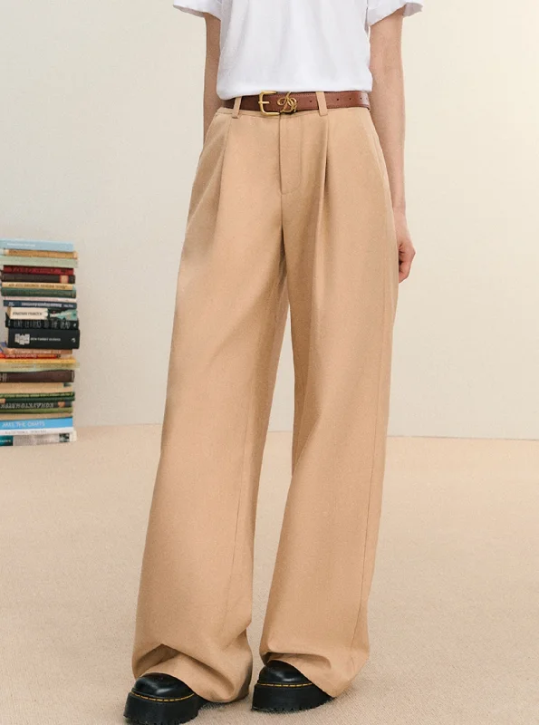 Camel Wide-Leg Trousers - High-Waisted Pleated Palazzo Pants Trousers Flared Retro