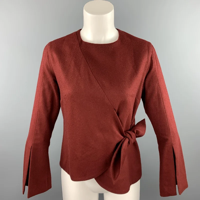 EUDON CHOI Size 4 Burgundy Virgin Wool Tie Pullover Halter Neck Top