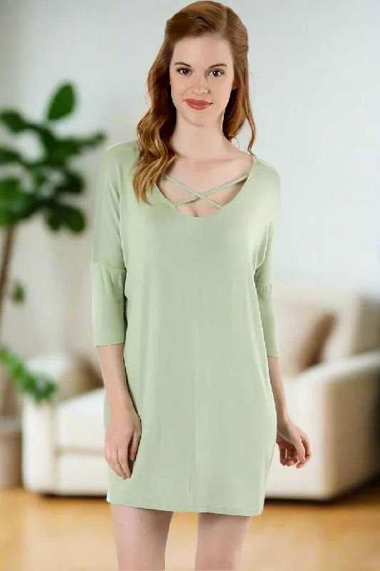 Womens Green Criss Cross Strappy Neck Dress, Long Tunic Top, 3/4 Sleeves, Sizes S/M/L, Mint Green