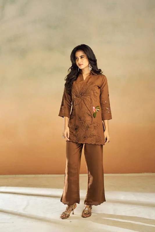 Brown Thread Work Tunic & Trouser Co-Ord Set Trousers Chinos Classic