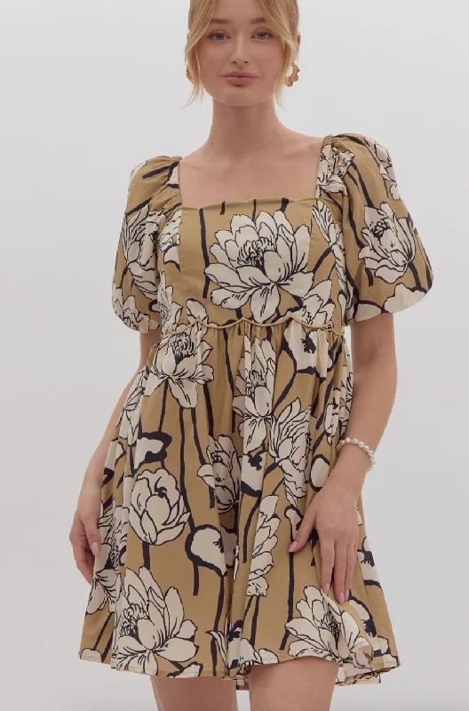 Taupe Scalloped Bubble Sleeve Dress