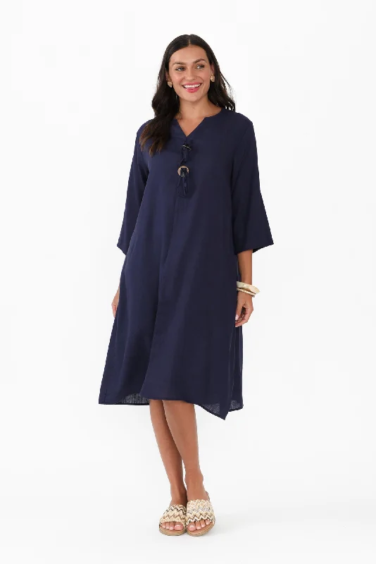 Elbia Navy Linen Cotton Dress