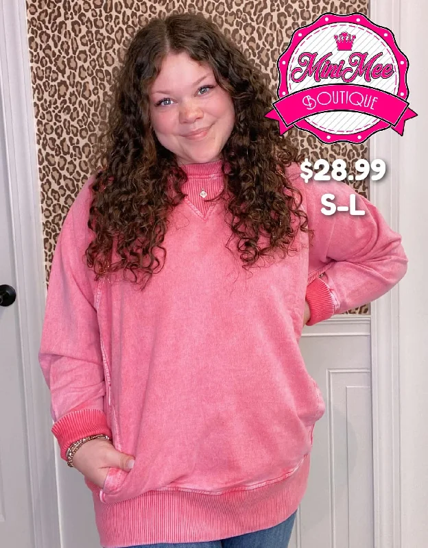 Red Washed Pullover With Pockets Short Puff Sleeve