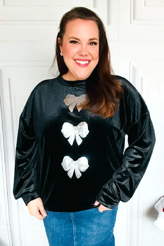 Home For The Holiday Silver Sequin Bow Velvet Pullover Top Set Sleeve Pullover