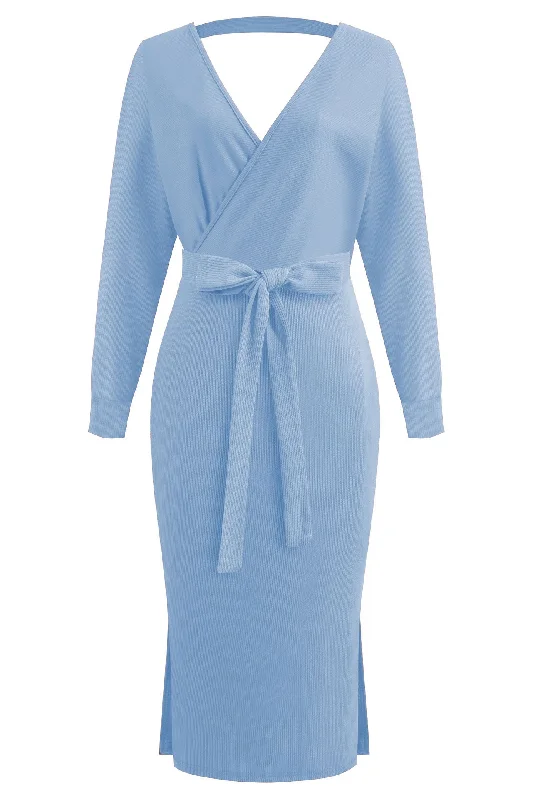 Blue Mid-length V-neck Sweater Long-sleeved Dress Welt Pockets Slit Pockets Flap Pockets