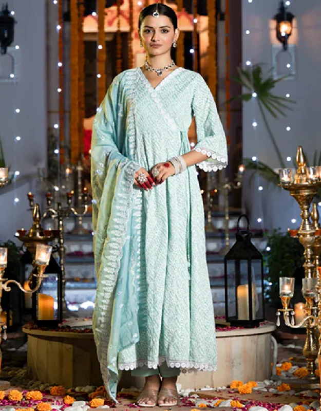 Angrakha Anarkali Kurta Trouser With Dupatta Set Sky Blue Pure Cotton Pant Anarkali Trousers Fleece Cozy