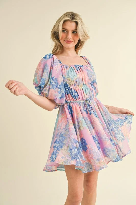 Bright Floral Bubble Sleeve Dress