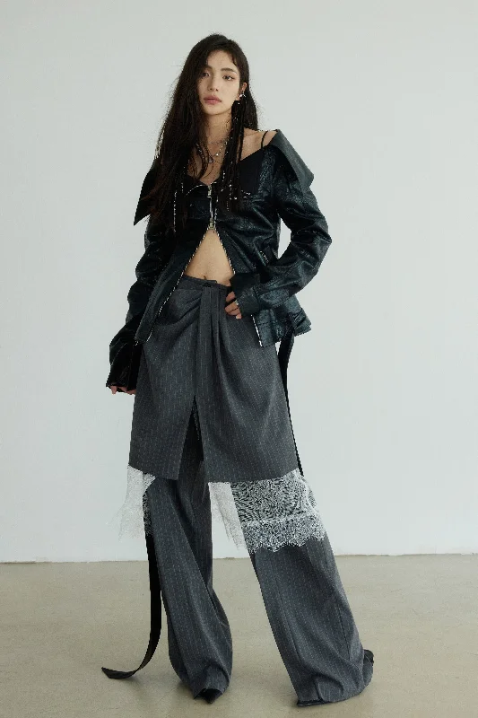 Gray Striped Sculptural Three-Piece Skirt Trousers Trousers Print Floral