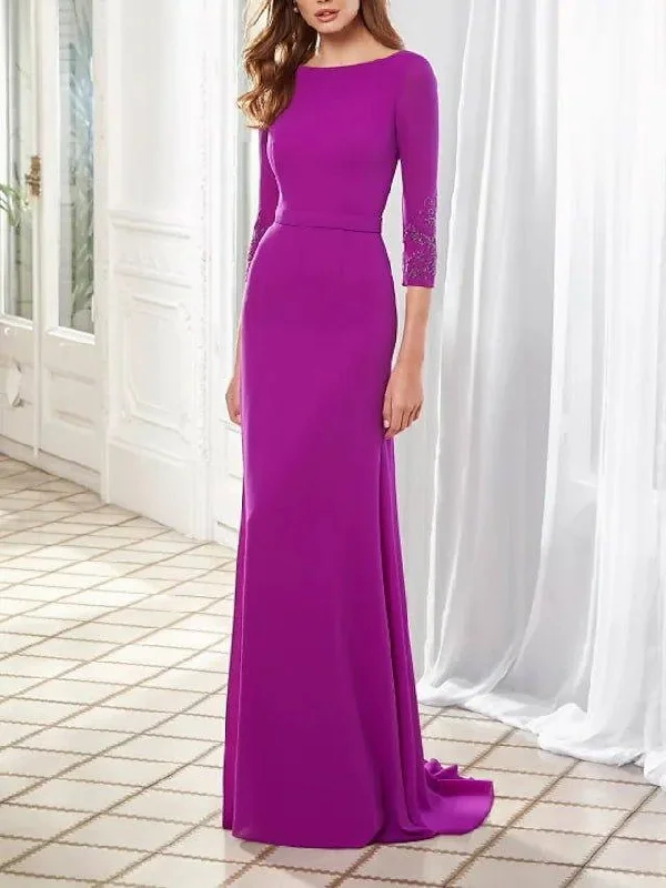 Sheath / Column Mother of the Bride Dress Elegant Jewel Neck Floor Length Chiffon Half Sleeve with Pleats