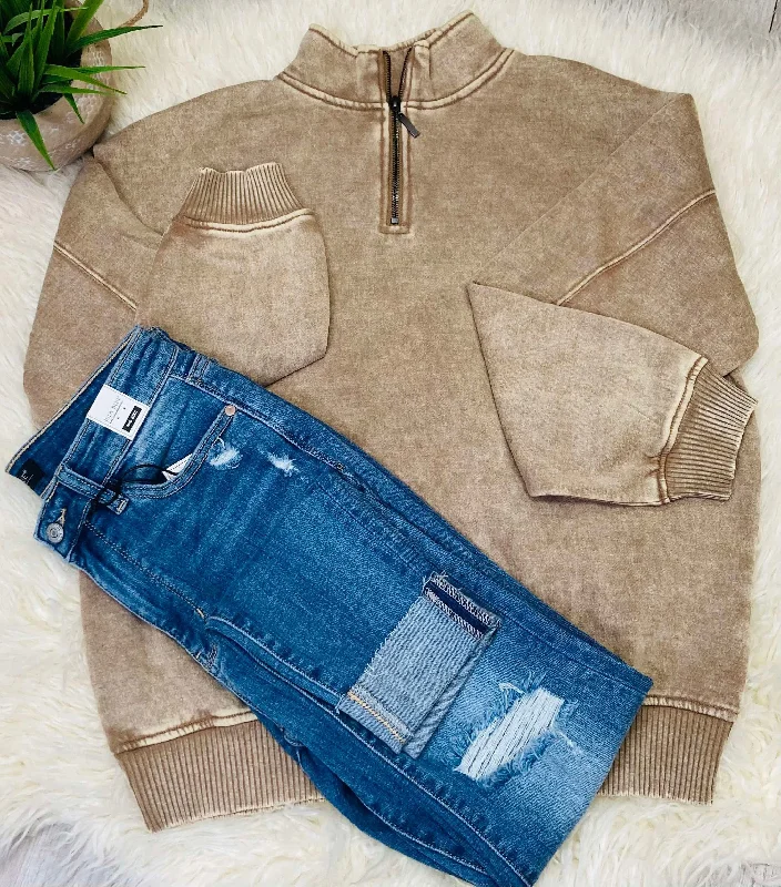 Mocha Half Zip Women's Pullover Short Sleeve Top