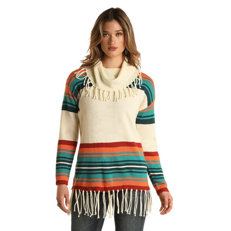 Panhandle Slim Women's Cream Cowl Neck Sweater Wool Fabric Cashmere Fabric Tweed Fabric