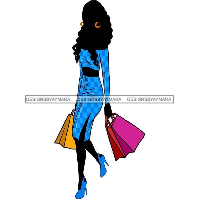 Black Silhouette Woman Shopping Blue Print Dress Long Hair JPG PNG  Clipart Cricut Silhouette Cut Cutting