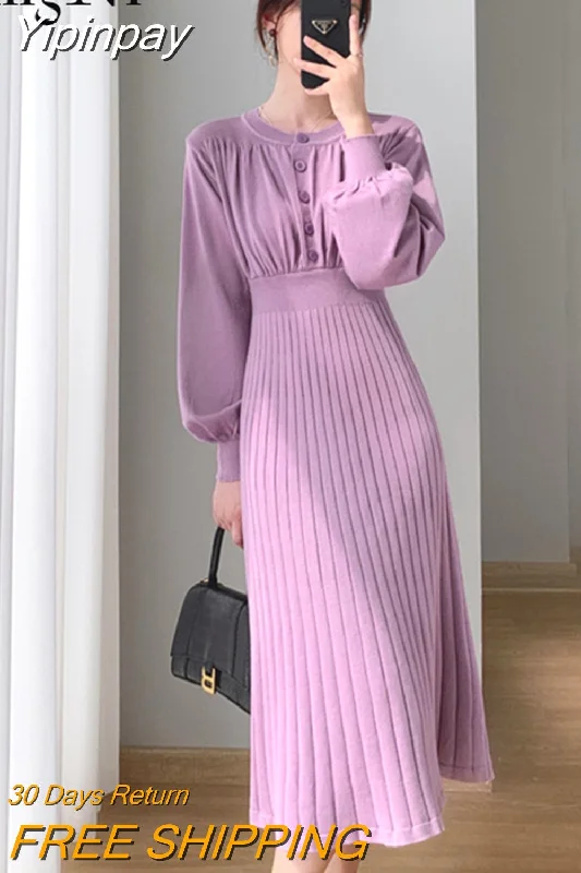 Yipinpay Knit Midi Pleated Dresses for Women Autumn Winter Button Lantern Sleeve Elegant O-neck CHIC Korean Sweater Dress Women Bright Pastel Dark