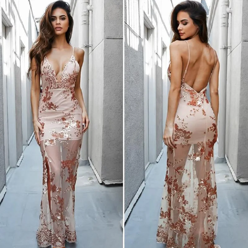 Sexy Deep V-Neck Prom Dress, Backless Lace Prom Dress, Side Split Prom Dress, D349