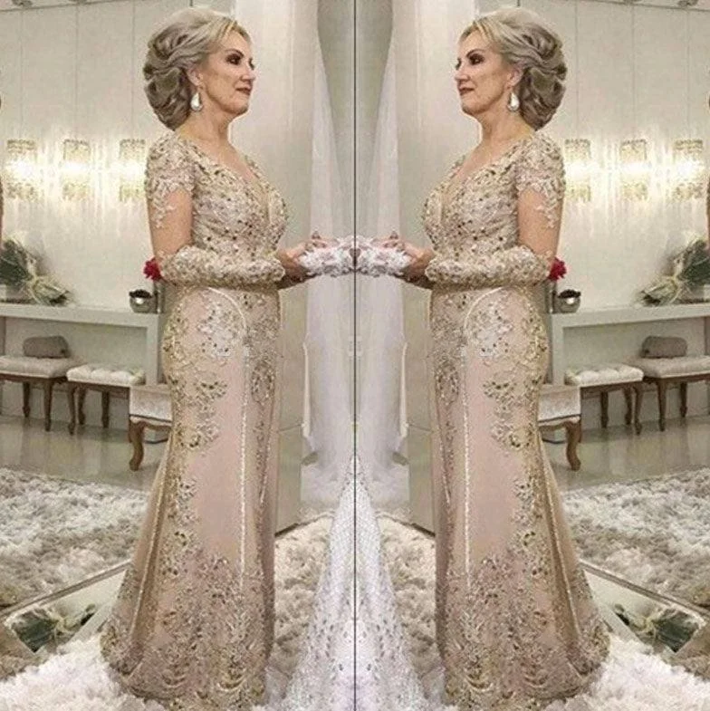 Plus Size Mother Of The Bride Dresses Mermaid V-neck Long Sleeves Tulle Appliques