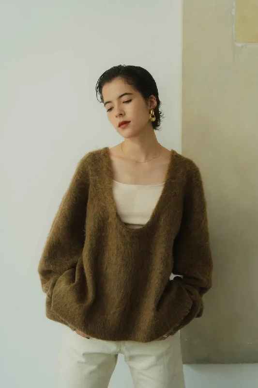 Uneck Knit Pullover(unisex)/Khaki V-Neck Stylish Pullover