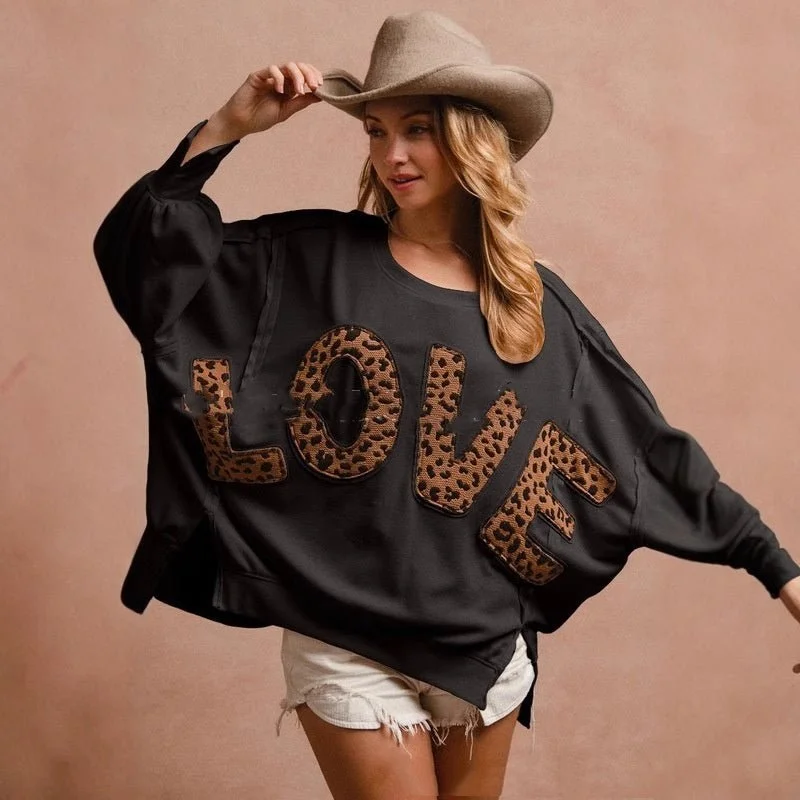 Love Letter Embroidery Stitching Sweater - Loose Casual Top Solid Print Embellished