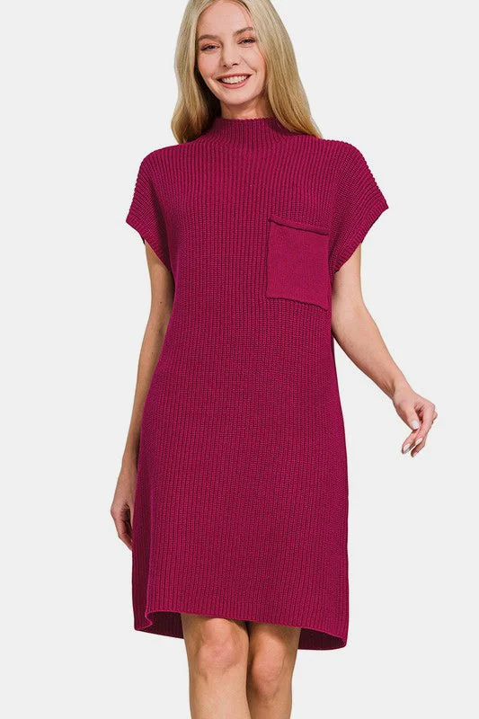 Blue Zone Planet |  Zenana Mock Neck Short Sleeve Sweater Dress Zippered Buttoned Snapped