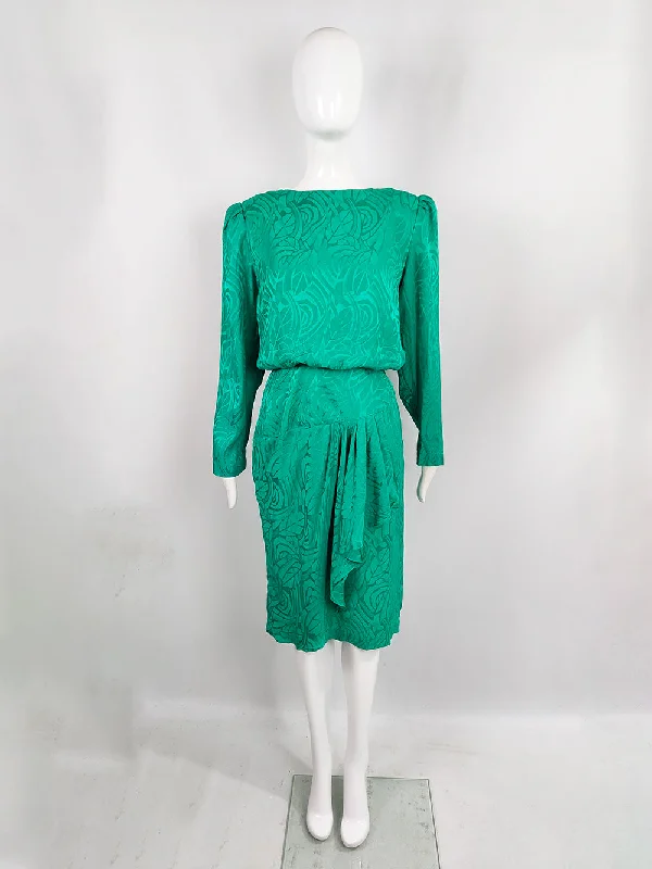 Oleg Cassini Vintage Pure Silk Satin Jacquard Green Blouson Dress, 1980s