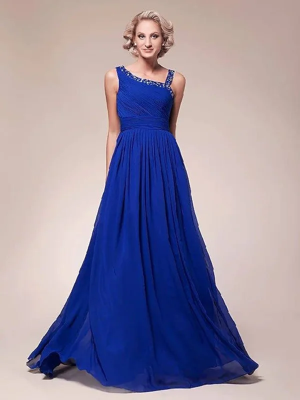 A-Line Mother of the Bride Dress Sparkle & Shine Straps Floor Length Chiffon Sleeveless with Pleats Ruched Beading