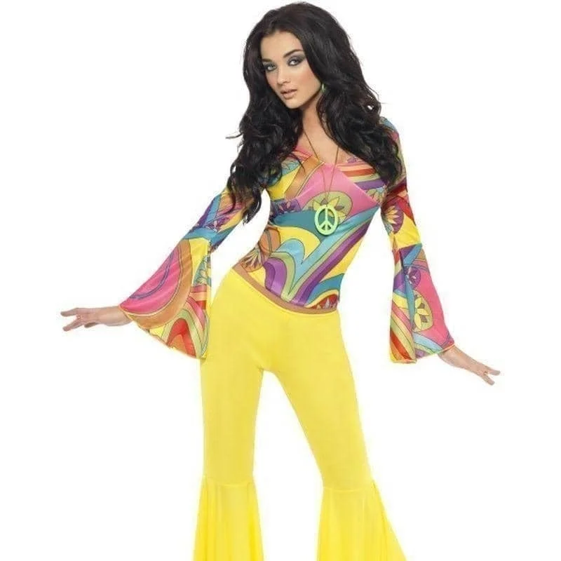 70s Groovy Babe Costume Adult Yellow Flared Trousers Multi Coloured Top Trousers Low Rise Relaxed