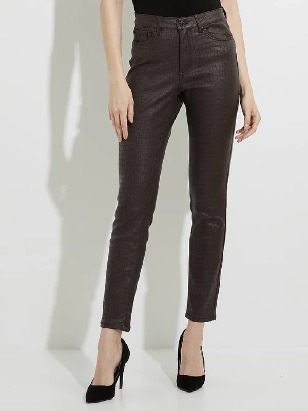 Joseph Ribkoff T Brown Croc Print Pleather Trousers 224943 15 High Waist Slim Fit Ankle Length