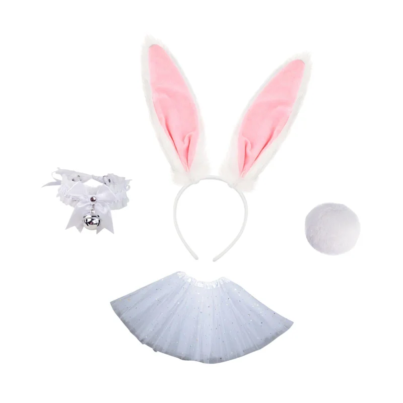 Bunny Ears Headband Tail Set for Halloween Fancy Dress Animal Themed Parties White