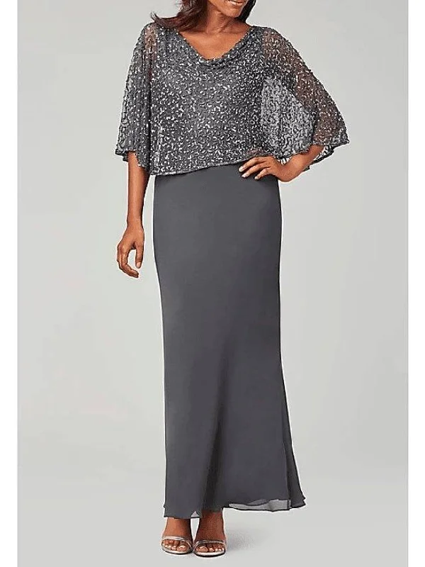 Mother of the Bride Dress Elegant V Neck Floor Length Chiffon Long Sleeve with Beading Sequin