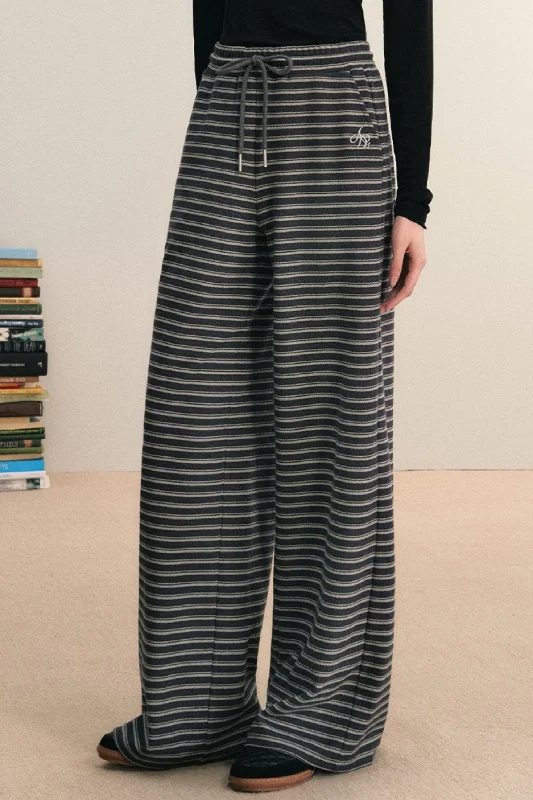 Striped Wide-Leg Lounge Pants - Drawstring Waist Palazzo Trousers Trousers High Rise Slim Fit