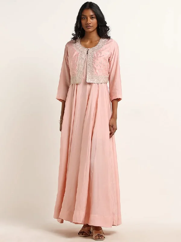 Vark Pink Floral Embroidered Crop Jacket and Maxi Dress Set Trench Coat Raincoat Waterproof Jacket
