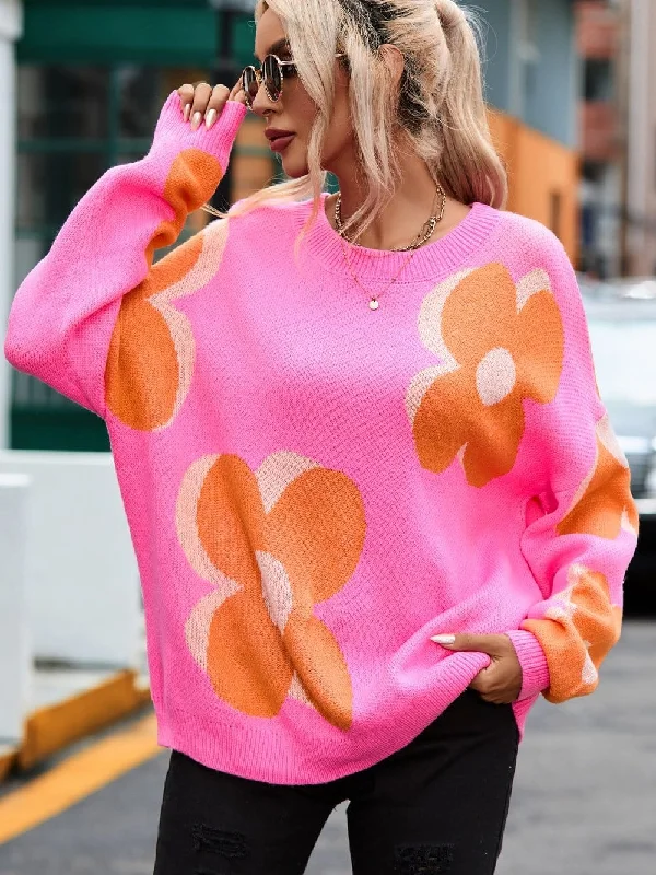 Soft Knit Pullover with Floral Print Oblong Neck Pullover