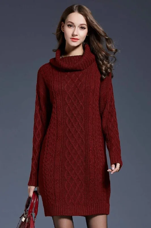 Full Size Mixed Knit Cowl Neck Dropped Shoulder Sweater Dress Chenille Blend Fleece Blend Nylon Blend