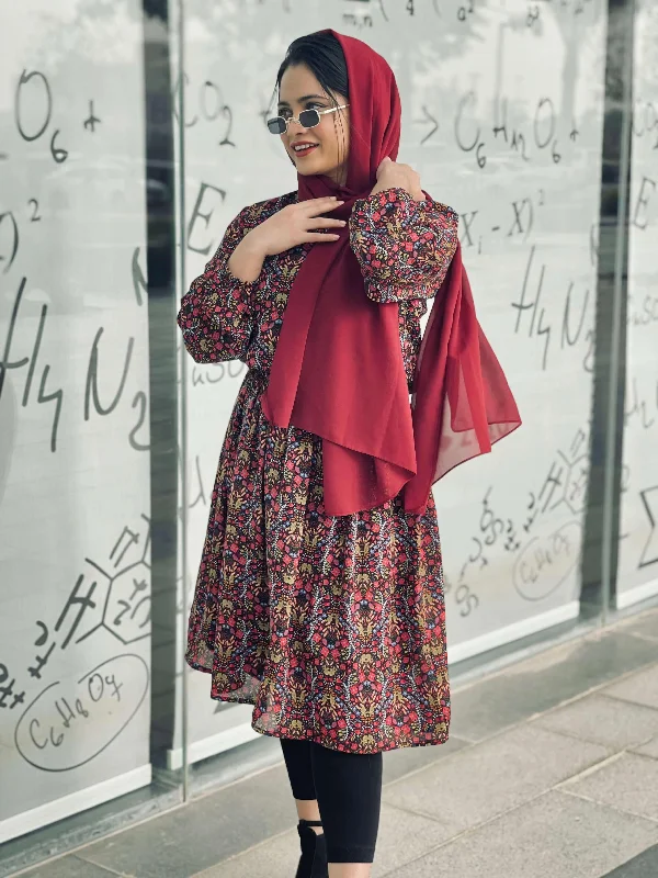 Women Red Floral Printed Knee Length Dress (GBF7007)