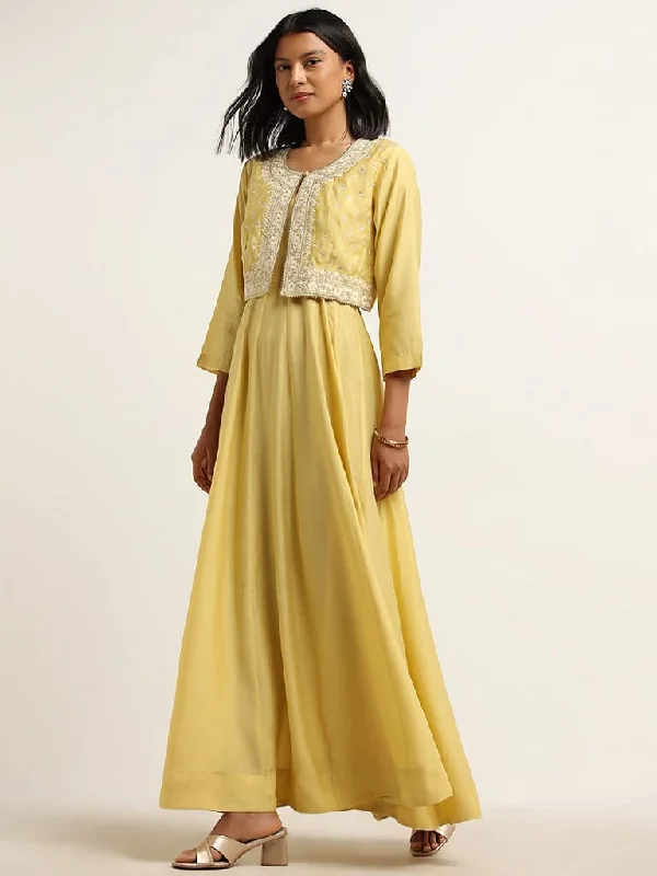Vark Yellow Embroidered Crop Jacket and Maxi Dress Set Cardigan Sweater Pullover