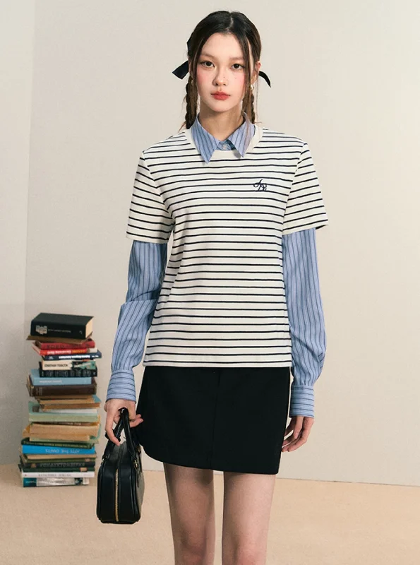 Layered Look Striped Tee Combo - Preppy Chic Shirt-Sweater Set Sweater Knitwear Pullover