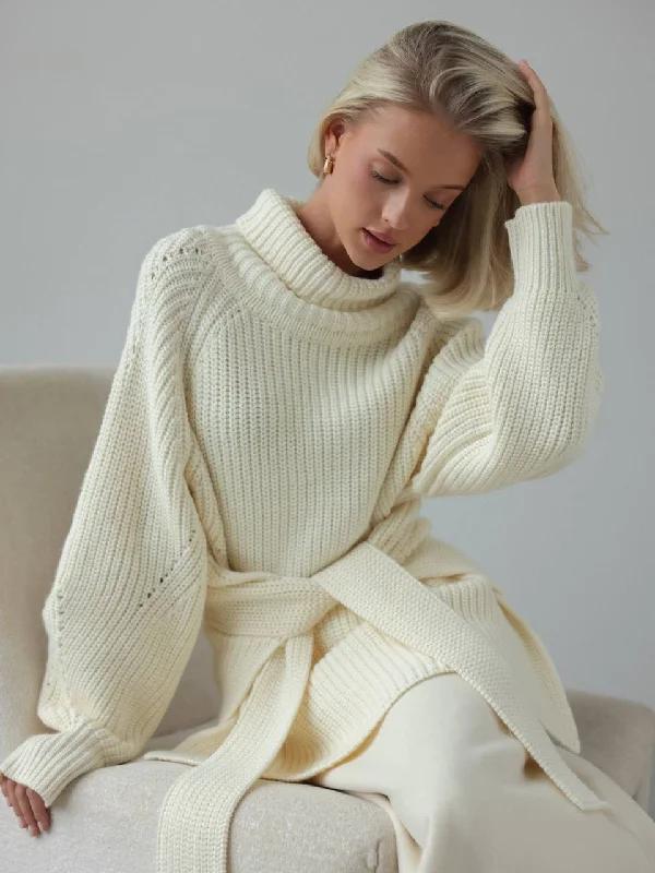 Oversized Knit Sweater with Belt Modern Contemporary Chic