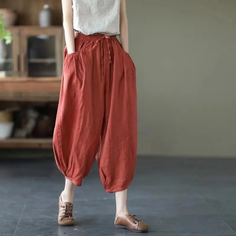 Vintage Elastic Waist Linen Summer Trousers for Women Trousers Mesh Breathable