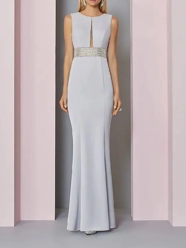 Sheath / Column Mother of the Bride Dress Elegant Jewel Neck Floor Length Stretch Fabric Sleeveless with Sash / Ribbon Sequin