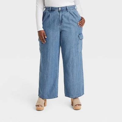 New - Women's Wide Leg Denim Cargo Trousers - Universal Thread Medium Wash 24 Trousers Palazzo Wide Leg