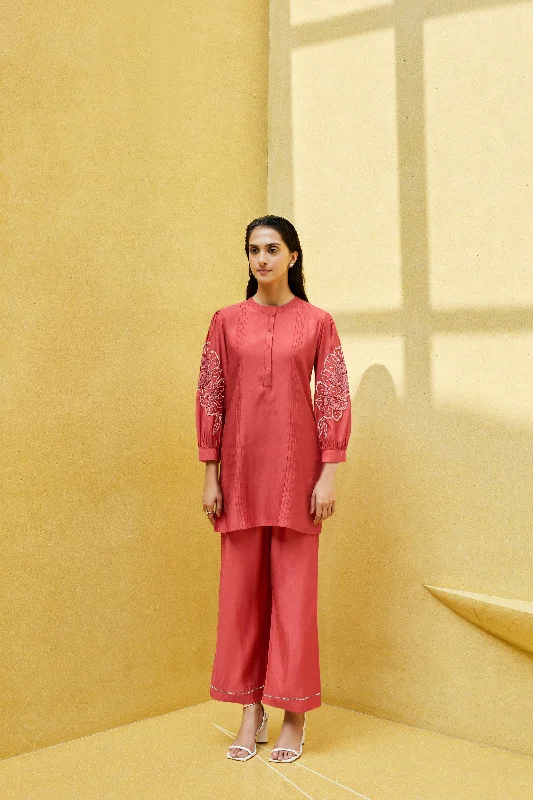 Red Floral Embroidery Tunic With Trouser Trousers Fleece Cozy
